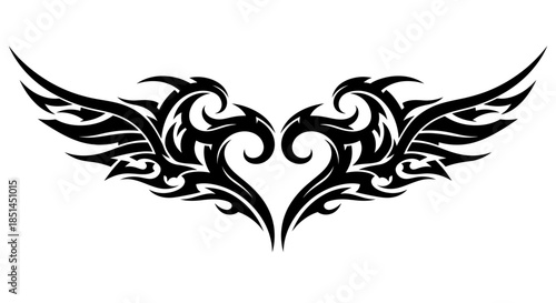 A striking vector illustration showcases a stylized heart design with intricate, flowing tribal-inspired wings, perfect for graphic design elements and creative projects.