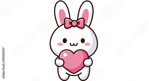 A charming vector illustration depicts a cute white bunny holding a pink heart, symbolizing love and affection, perfect for Valentine's Day cards and children's designs.