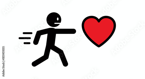 A dynamic vector graphic features a stick person in motion, actively pursuing a large red heart, symbolizing affection, aspiration, or emotional connection.
