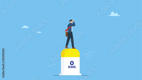 Confidence businessman standing with visionary to the future on starting road milestones. Business milestones road map, start new business, vision or career path and future responsibility.