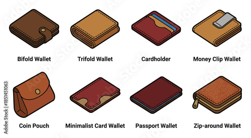 Diverse wallet collection vector illustration: bifold, trifold, cardholder, and minimalist wallet.