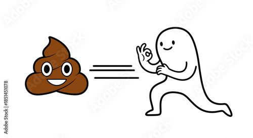 A cheerful brown poop emoji transforms into a smiling white human-like figure making an 'OK' hand gesture, symbolizing improvement and quality.