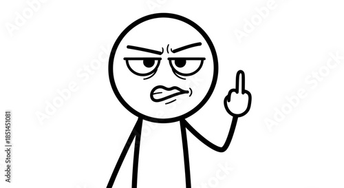 A simple black and white vector illustration of a stick figure expressing anger and frustration with an offensive gesture on a plain background.