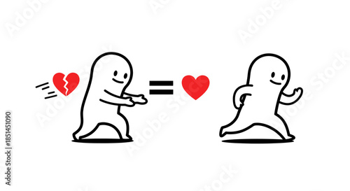 A charming vector illustration depicts a cartoon character mending a broken heart, symbolizing healing and the journey towards finding love, set against a pristine white background, perfect for