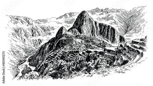 Detailed sketch ink drawing of Machu Picchu ancient city in the Andes Mountains Peru, South America.
