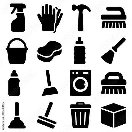 Home and Cleaning: Collection of iconic house cleaning tools in monochrome style, perfect for household chores or other cleaning themes. 
