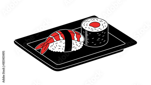 Simple Sushi Illustration: Shrimp Nigiri and Maki Roll on Black Plate