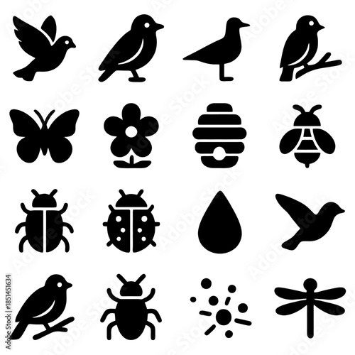 Nature's Miniatures: An array of stylized black and white nature icons. Showcasing birds, insects, and floral elements, perfect for design and thematic versatility.