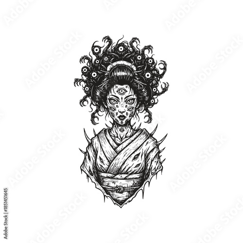 Surreal Japanese geisha illustration with multiple eyes on face and hair with demonic hands in vintage etching style