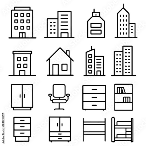Architectural & Furnishing Icons: A compilation of sleek, minimalist line art icons showcasing a variety of buildings and furniture, perfect for design and architectural projects.