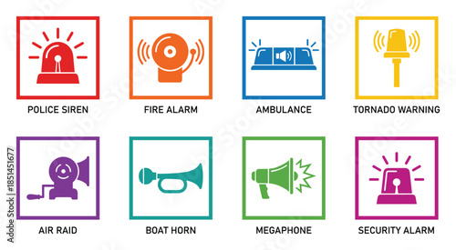 Emergency icons set including police siren, fire alarm, ambulance, and tornado warning. Vector design.