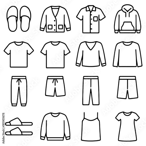 Stylish Wardrobe: An array of clothing items, including tops and bottoms, present a curated collection for every style. These drawings will work perfectly to complement any project related to fashion.