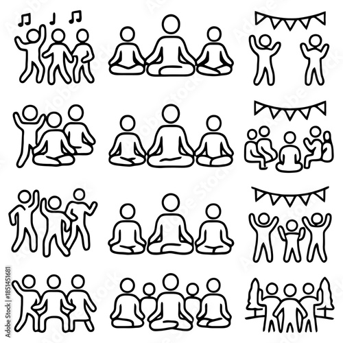 Unified Human Harmony: An ensemble of stick figures depicts the human experience through various scenes: communal gatherings, moments of introspection, celebration, and communal bonds