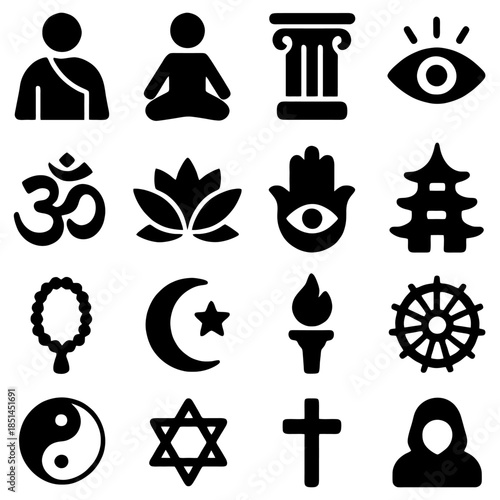 Harmony of Beliefs: A captivating collection of religious and spiritual icons, each representing a unique facet of faith and devotion, symbolizing the diverse tapestry of human spirituality.