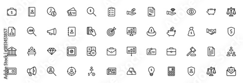 Business icon set. Minimal vector icons pack. Includes symbols for briefcase, investment, money, contract, strategy, advertising, target, calculator and more. Editable stroke.