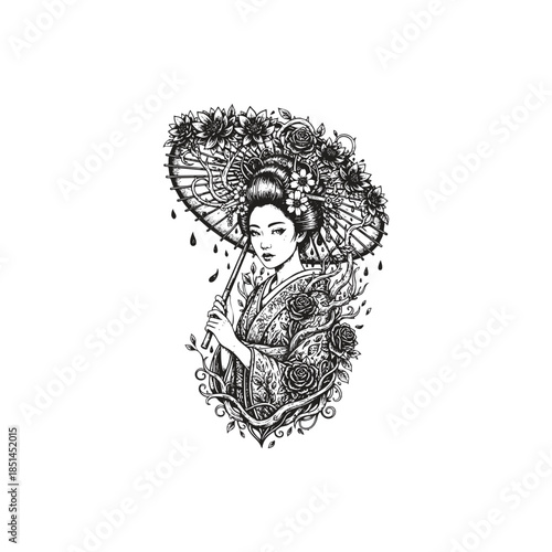 Beautiful Japanese geisha illustration holding a traditional umbrella decorated with blooming roses and climbing vines