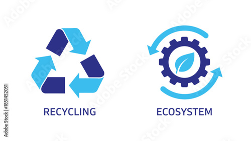 Recycling and Ecosystem Icons in Simple Flat Design with Blue Color Scheme and Circular Arrows for Environmental Conservation