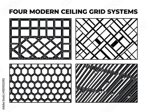 Four distinct black and white modern ceiling grid patterns are illustrated in this vector design.