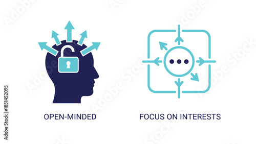 Open-minded person with focus on interests in minimalist flat design with blue color scheme for business presentation