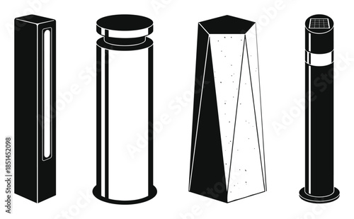 Four distinctive bollard designs in black and white showing an isometric view architectural layout.