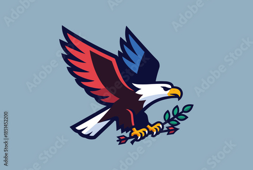 Bold American Eagle Mascot Flying, Clutching an Olive Branch and Arrow