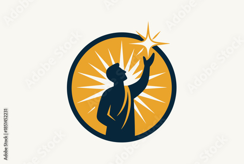 Motivational Man Reaching for a Bright Star of Hope and Success