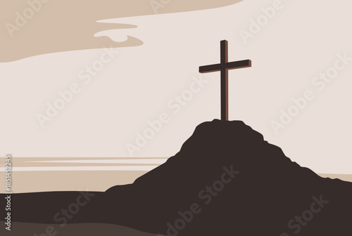 Minimalist Christian Cross on a Mountain Peak in Monochromatic Tones
