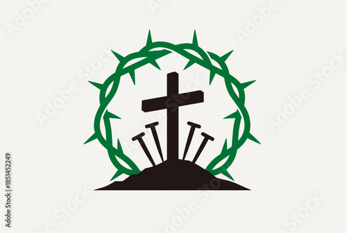 Christian Cross with Crown of Thorns and Nails on a Small Hill