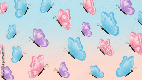 Cute colorful butterflies flying on soft gradient background, decorative seamless pattern.