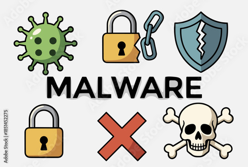 Malware Concept Featuring Cyber Threats, Broken Security, and Virus Icon