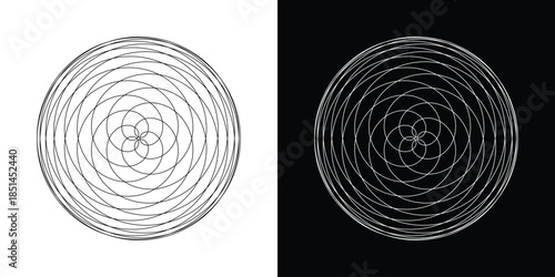 Geometric pattern art with concentric spirals and circles on white and black backgrounds