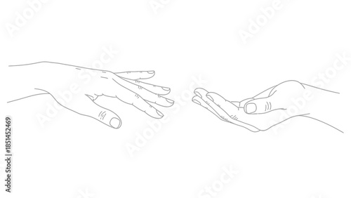 Helping hands in minimalist line art with gentle gesture in monochrome on white background for charity illustration