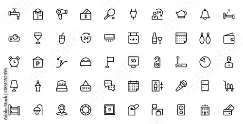 Hotel and services icon set. Vector illustration featuring symbols for reception, room service, elevator, food, suitcase, pool, and more. Minimalist line icons.