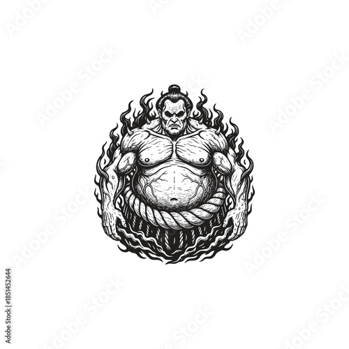 Muscular Japanese sumo wrestler illustration with flames and rope belt in vintage etching style