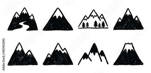 Hand drawn mountain range illustrations set with river and trees for creative graphic designs.