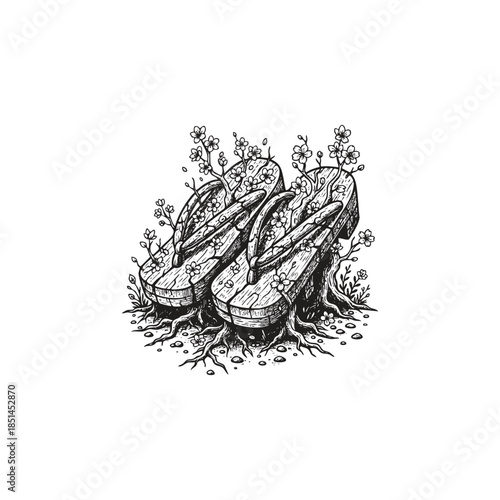 Vintage illustration of Japanese traditional wooden geta sandals with blooming cherry blossoms and roots