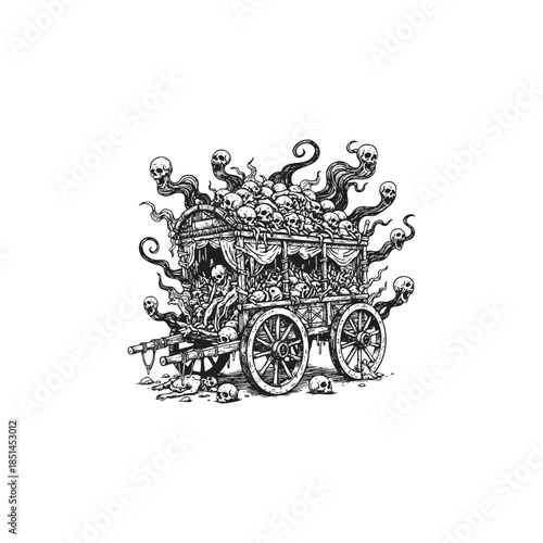 Spooky vintage illustration of a wooden wagon filled with skulls and haunting ghostly spirits