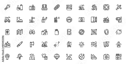 Adventure icon set. Vector illustration. Includes symbols for hiking, camping, map, compass, backpack, tent, kayak, mountain, travel and more.