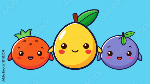 Minimalist Kawaii Fruit Sticker Set with Simple Faces,  Cute Fruit Icons: Green Apple, Orange, and Berry Illustration