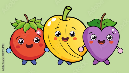 Minimalist Kawaii Fruit Sticker Set with Simple Faces,  Cute Fruit Icons: Green Apple, Orange, and Berry Illustration,
