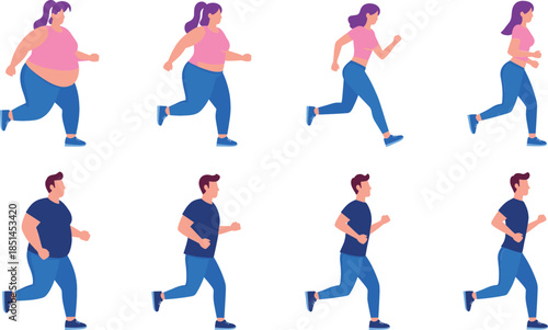  Weight loss journey and body transformation of man and woman running and exercise for fitness healthy lifestyle health goal and wellness concept vector.