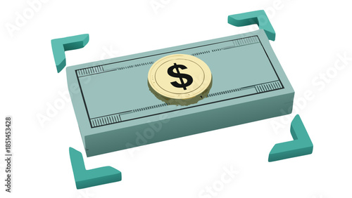 Stack of Money with Dollar Coin and Corner Markers