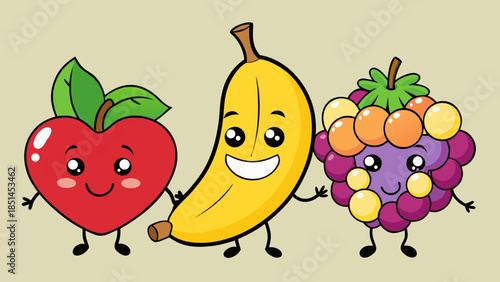 Minimalist Kawaii Fruit Sticker Set with Simple Faces,  Cute Fruit Icons: Green Apple, Orange, and Berry Illustration,