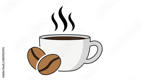 Steaming Coffee Cup with Beans - Vector Icon