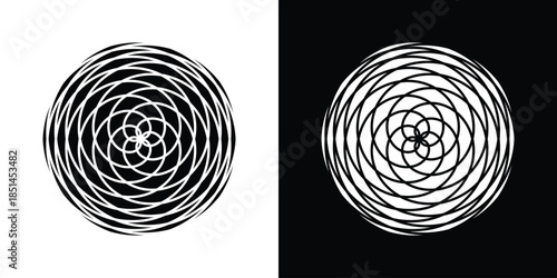 Hypnotic optical illusion featuring swirling circles over contrasting black and white backdrop.
