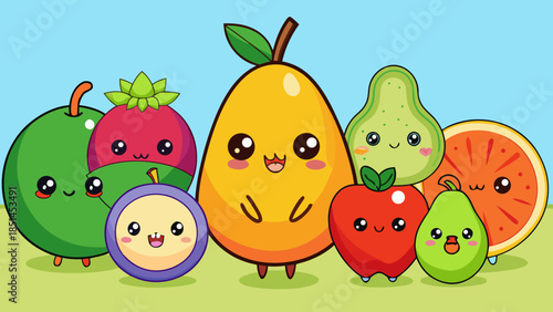 Minimalist Kawaii Fruit Sticker Set with Simple Faces,  Cute Fruit Icons: Green Apple, Orange, and Berry Illustration,