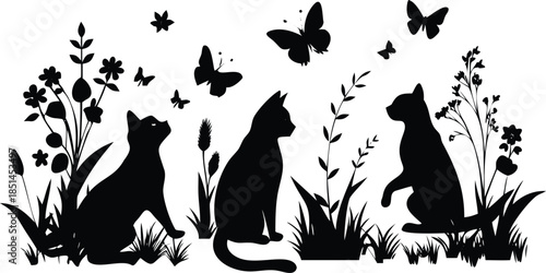 Silhouette of Three Cats in a Garden with Butterflies