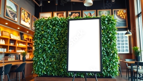 Modern cafe interior with a large vertical green wall and blank white advertising space