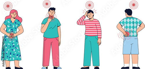  Set of people characters suffering from stomach ache sore throat headache and back pain for healthcare medical symptoms and sickness diagnosis concept vector illustration.