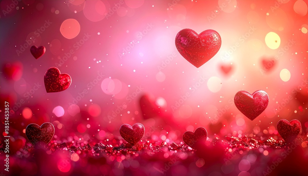 Obraz premium Floating hearts suspended in mid-air amidst a sea of red, surrounded by bokeh lights and festive atmosphere